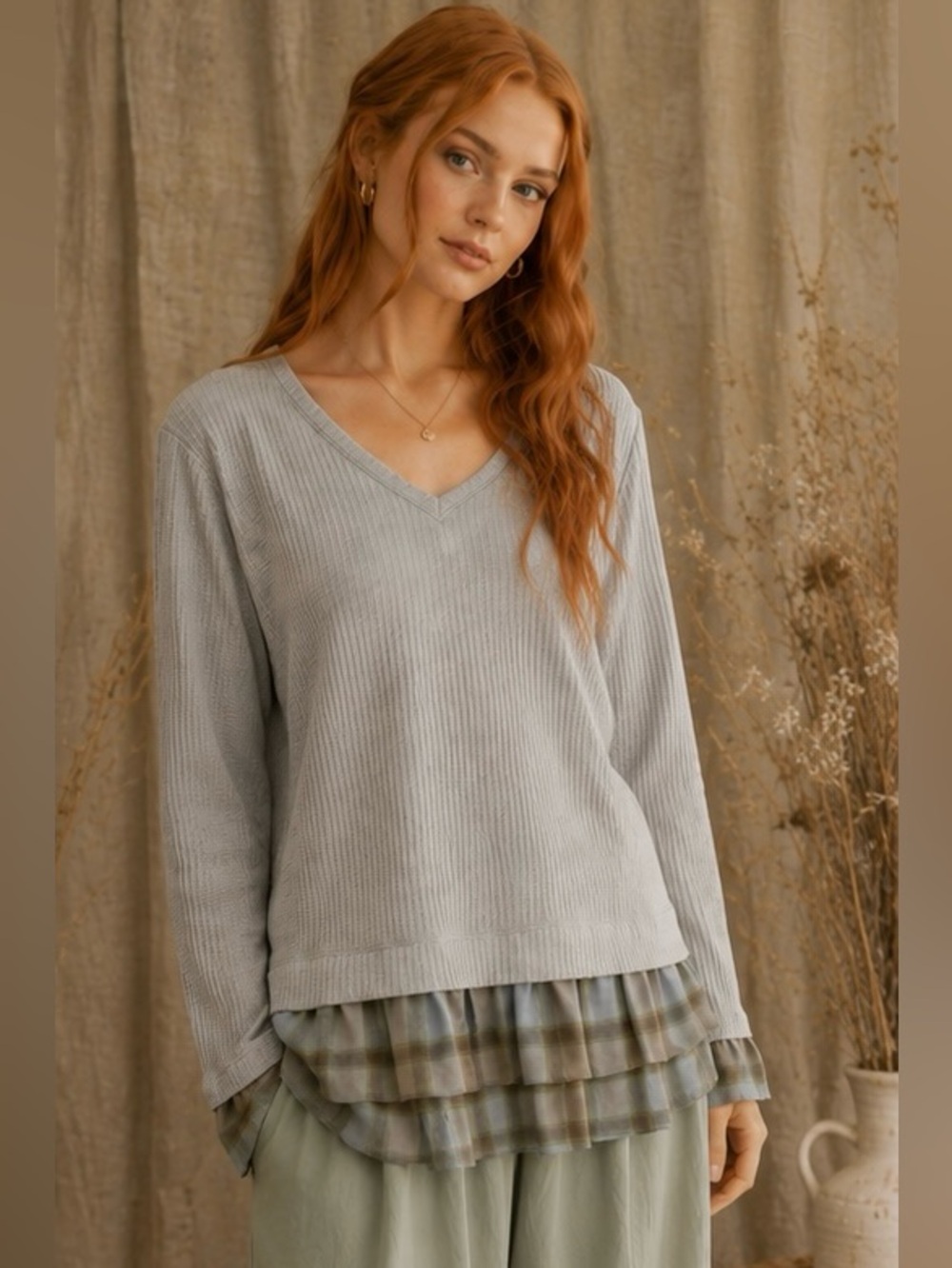ZIA Boho Cottagecore Waffle Knit Plaid Ruffle Hem Tunic | SZ Medium